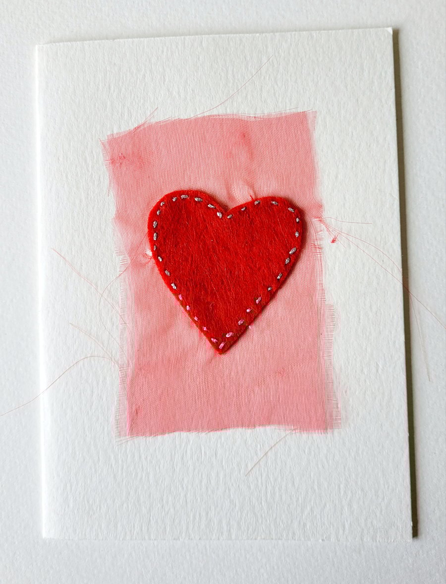 Handmade 'Red Heart' Fabric Greeting Card 