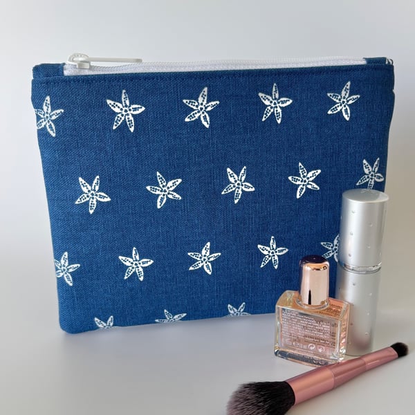 Large flat cotton zipped pouch, purse, make up bag in navy with white starfish