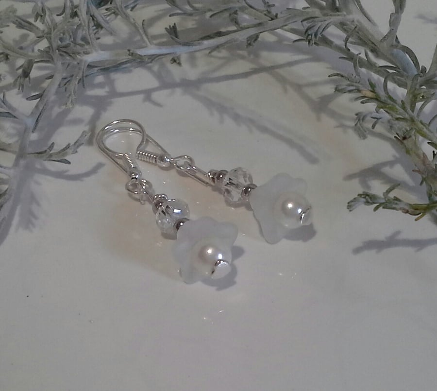 White Shell Pearls & Sparkley Crystal Earrings Silver Plated