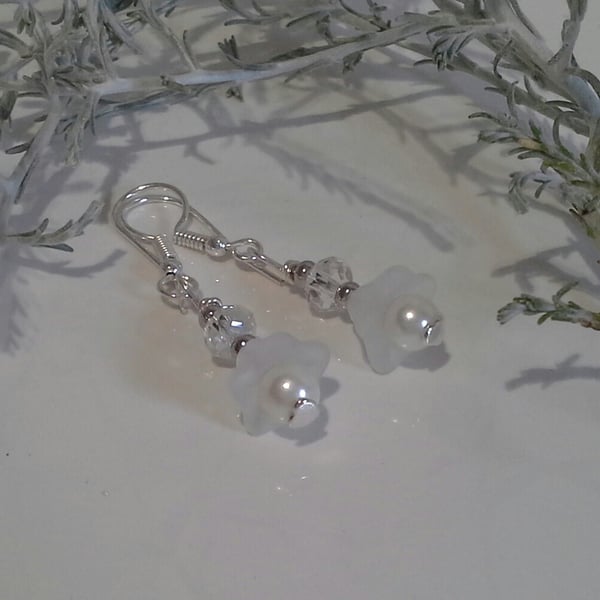 White Shell Pearls & Sparkley Crystal Earrings Silver Plated