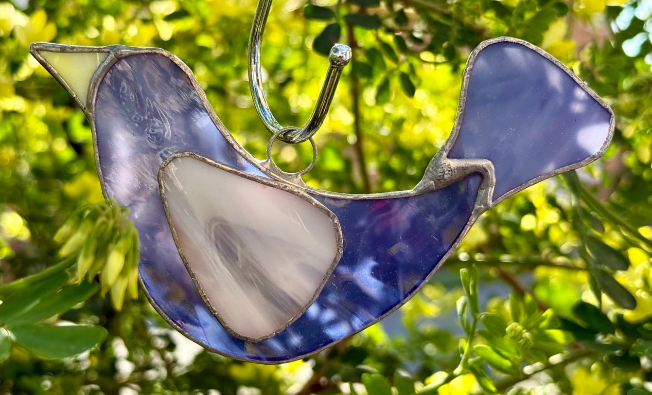 Stained Glass Dove Suncatcher - Mid purple with wispy white wing