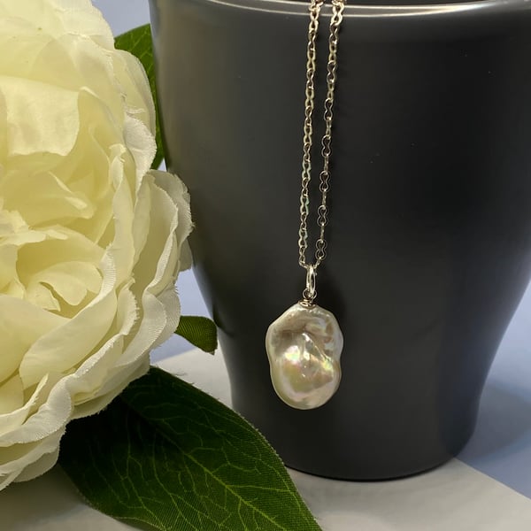 Baroque fireball pearl pendant on sterling silver chain