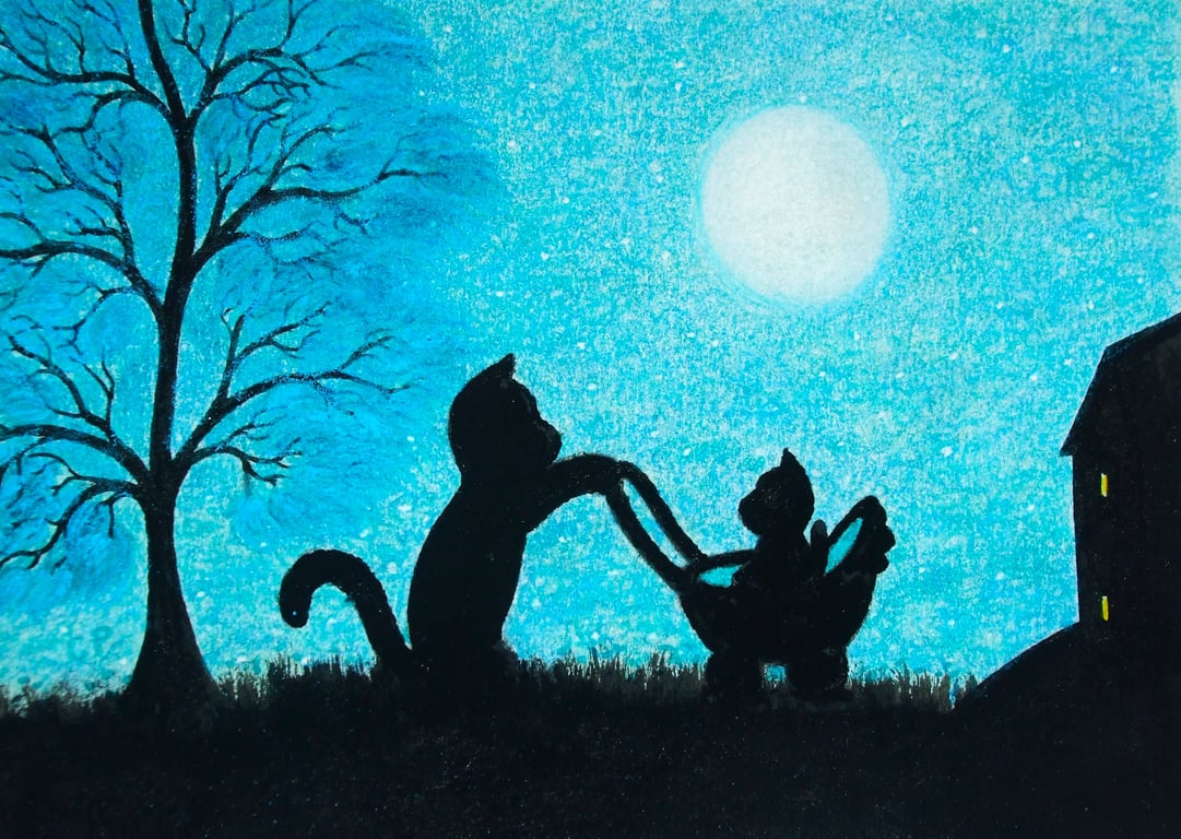 Cat Card, Kitten Daughter Art Card, Pregnancy Announcement, Black Cats Tree Moon