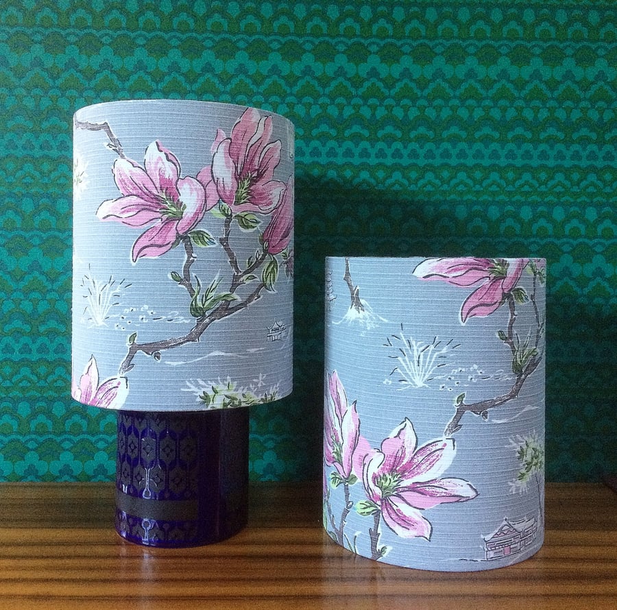 Distinctive Oriental Magnolia  Lampshade in a Pink and Grey MCM Vintage  Fabric