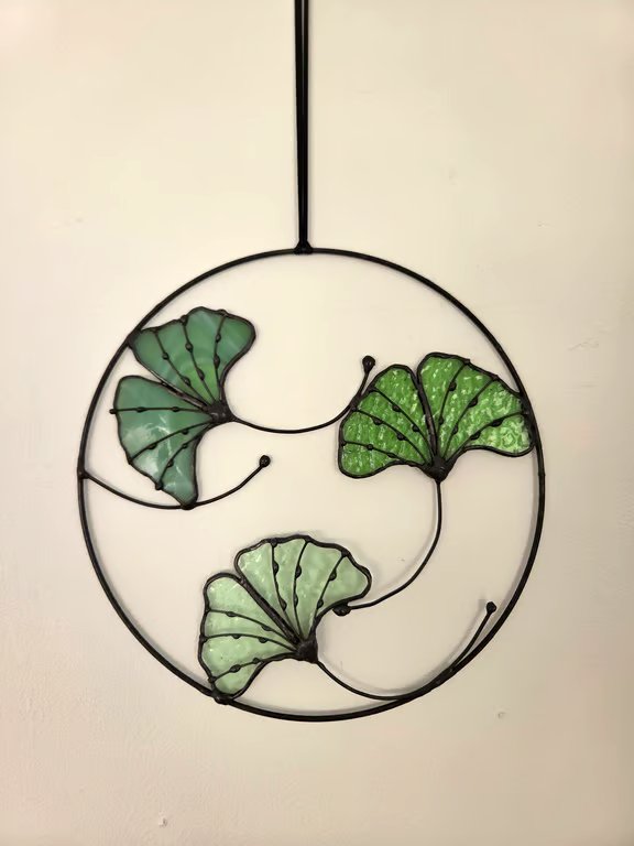 Stained Glass Ginkgo Leaf Wall Hanging Botanical Green Handmade Wall Hanging