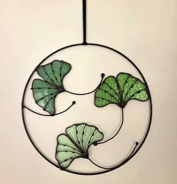 Stained Glass Ginkgo Leaf Wall Hanging Botanical Green Handmade Wall Hanging
