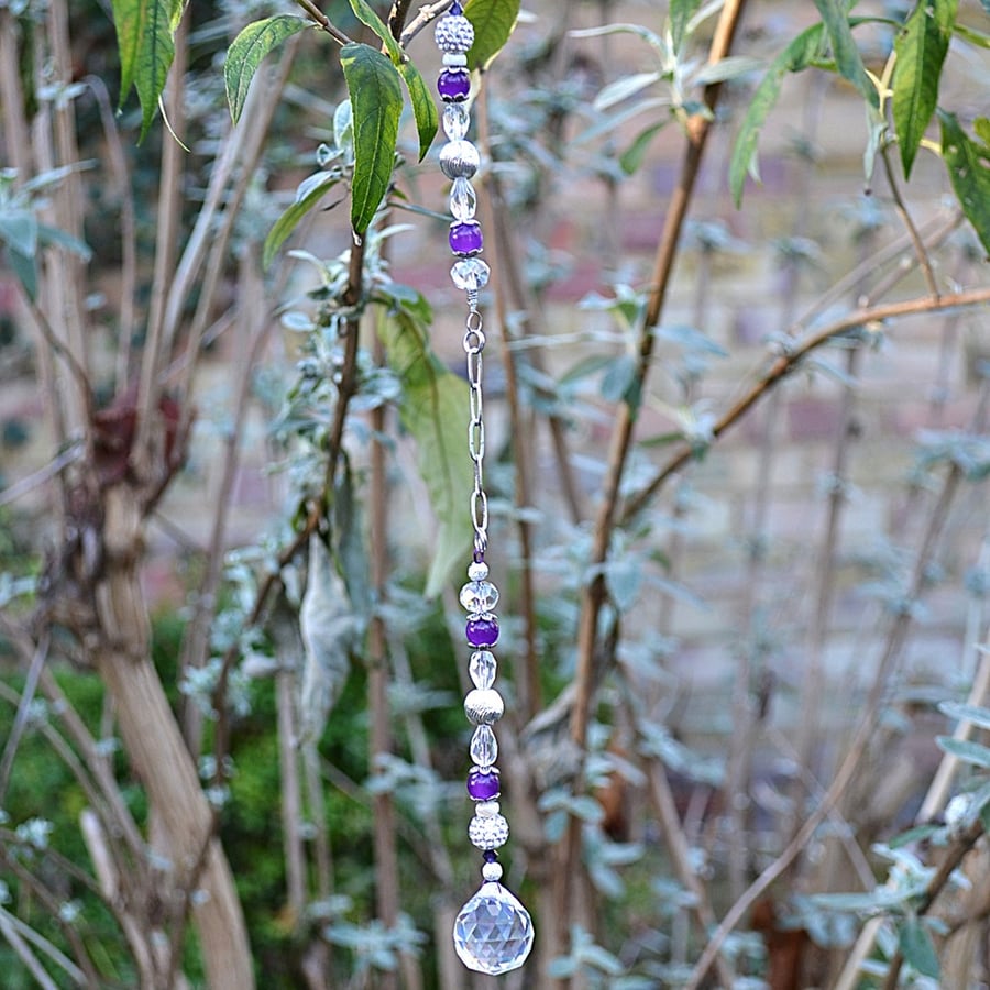 Suncatcher – Purple, Clear, and Silver, with Chain and Crystal Drop