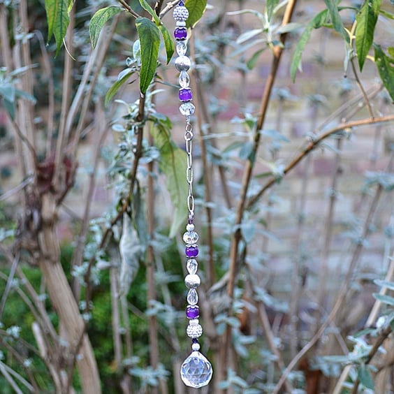 Suncatcher – Purple, Clear, and Silver, with Chain and Crystal Drop