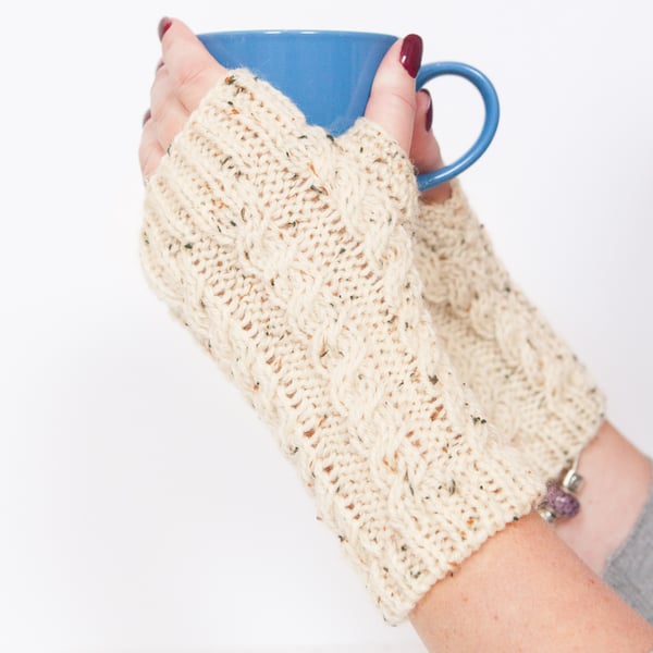 Oatmeal fingerless gloves - Hand warmers - Fingerless mittens - Knitted gloves