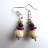 Cream, Purple and Green Wood Bead Drop Dangle Earrings