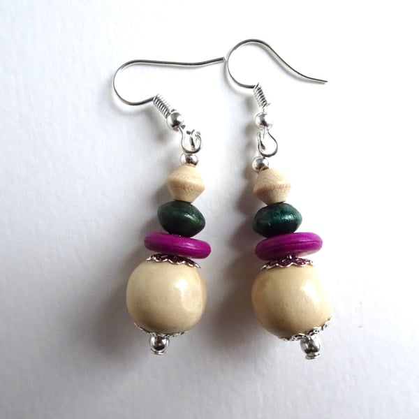 Cream, Purple and Green Wood Bead Drop Dangle Earrings