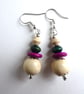 Cream, Purple and Green Wood Bead Drop Dangle Earrings