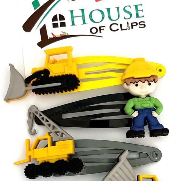 Hard Day At Work Clips x4 - Construction Hair Clips - Hair Slides For Boys - Boy