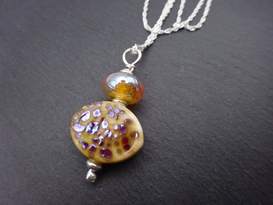 lampwork glass chain necklace, silver speckled pendant