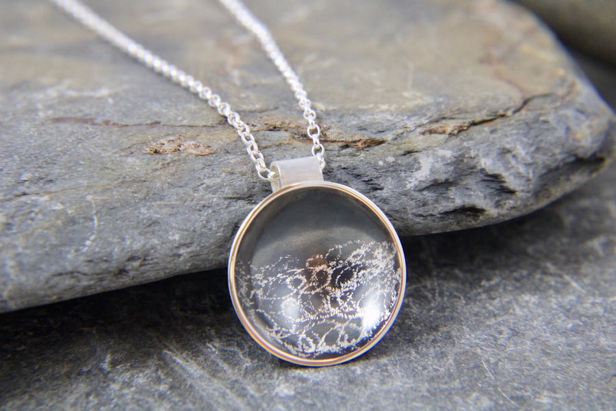 Stormy Seas Oxidised Sterling Silver Disc Pendant Necklace