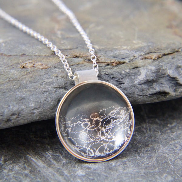 Stormy Seas Oxidised Sterling Silver Disc Pendant Necklace