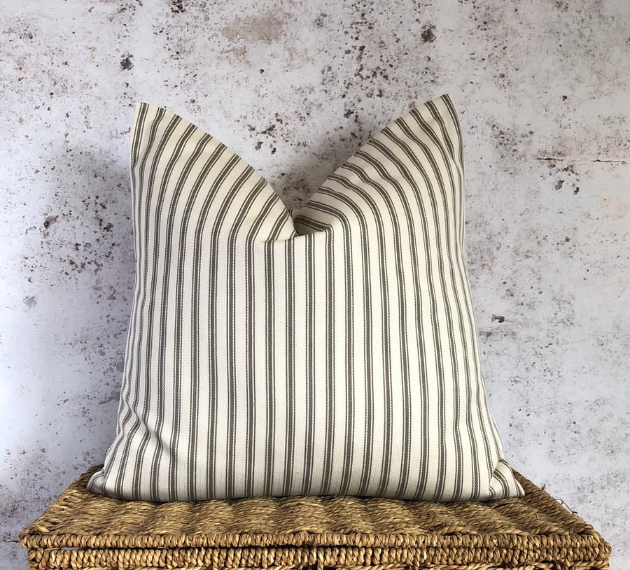 Ticking Cushion Cover with Beige and Cream Stripes 16” x 16”