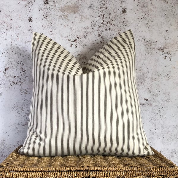 Ticking Cushion Cover with Beige and Cream Stripes 16” x 16”