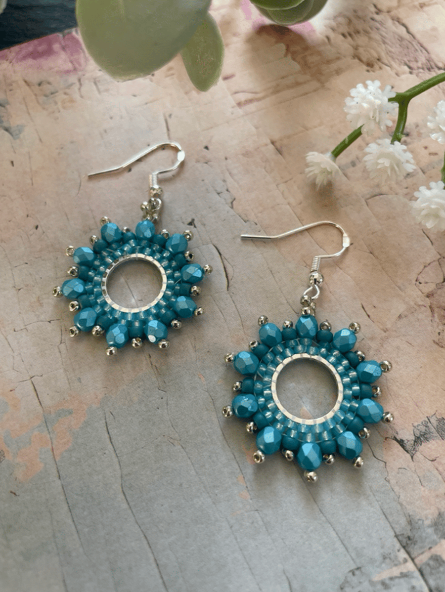 Beautiful blue beaded hoop statement dangle boho earrings 