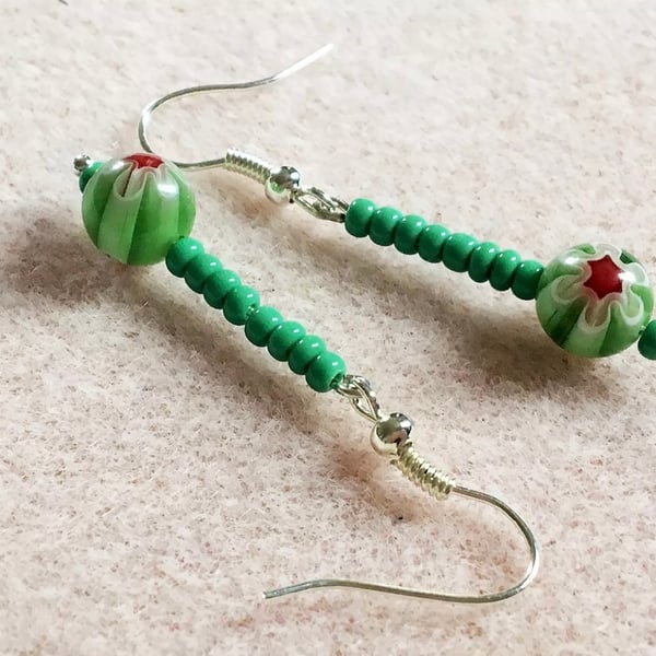 Green seed beads with Millefiori Beaded Dangle Earrings