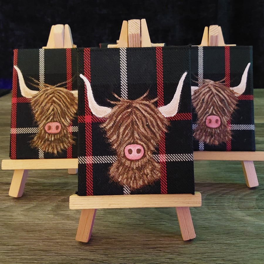 Highland Cow Acrylic Painting on Tartan Stretch Canvas With Easel Display Stand