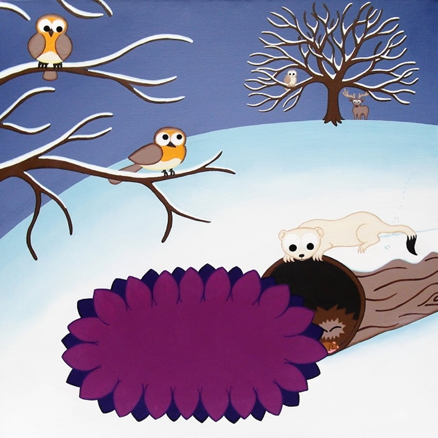 Winter Animals 12" Print - snowy scene with cartoon robins, cute nursery art