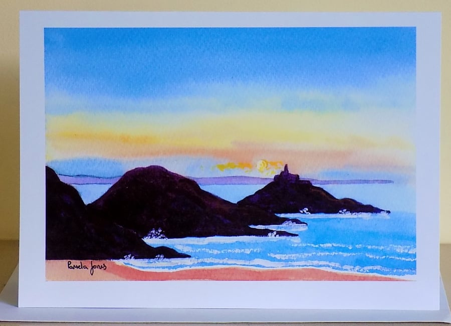 Art Greetings Card, Mumbles Lighthouse, Bracelet Bay, Wales, Blank, any occasion