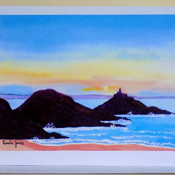 Art Greetings Card, Mumbles Lighthouse, Bracelet Bay, Wales, Blank, any occasion