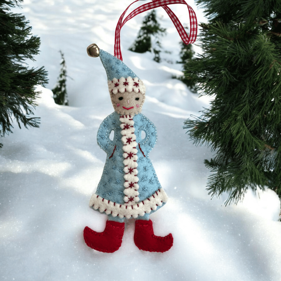Festive Elf in Pale Blue Felt