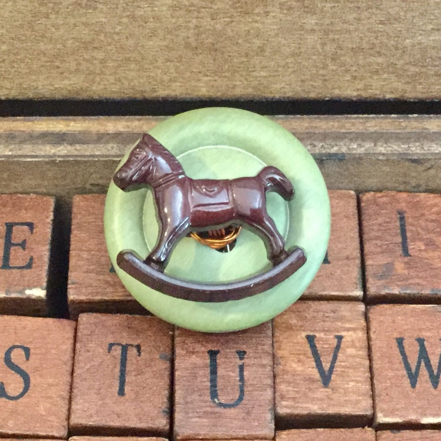 Upcycled Two Button Badge - Brown Rocking Horse