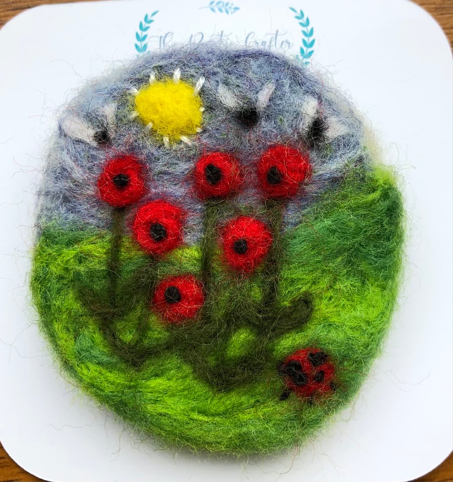 Poppies and ladybird felted brooch