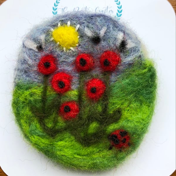 Poppies and ladybird felted brooch