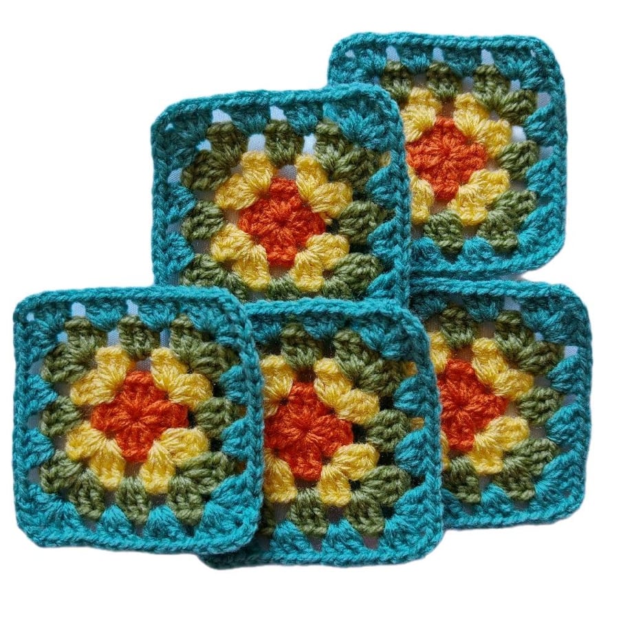 Handmade Crochet Granny Squares Teal Citrus Bloom, Boho Coasters