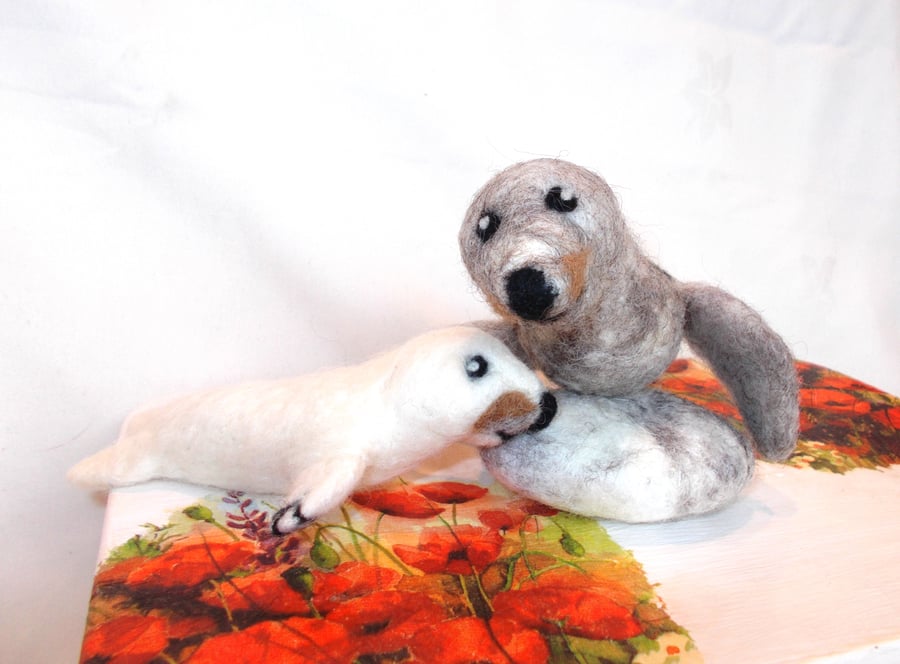 Hand Made Felted Mother & Baby Seal 