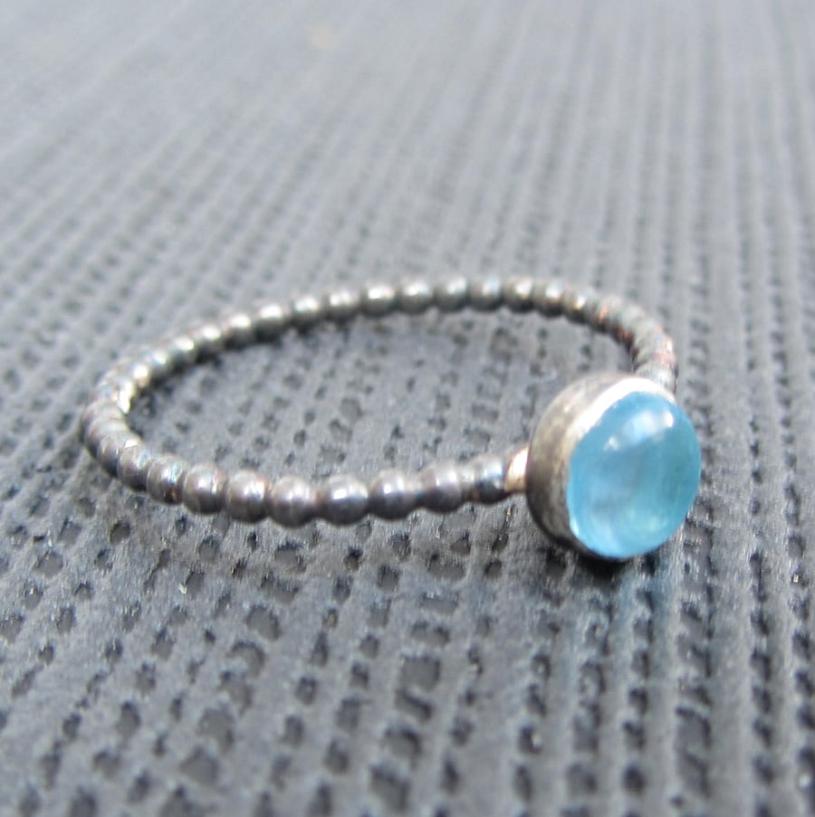 Mini sterling silver Blue Topaz cabochon stacking ring, minimalist jewelry, blue