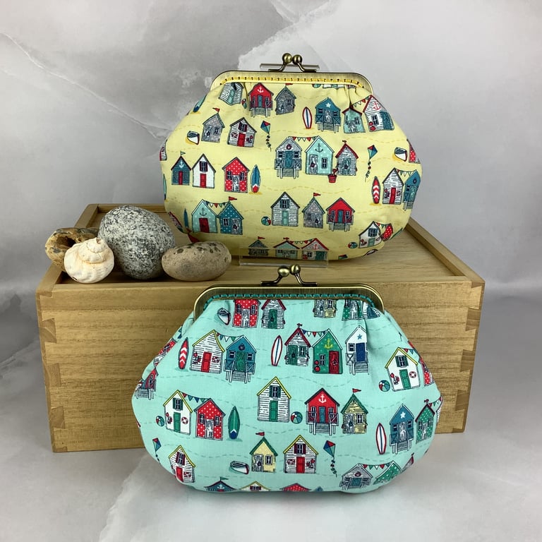 Beach huts small clutch bag, Makeup bag, Optional chain, 2 colour options