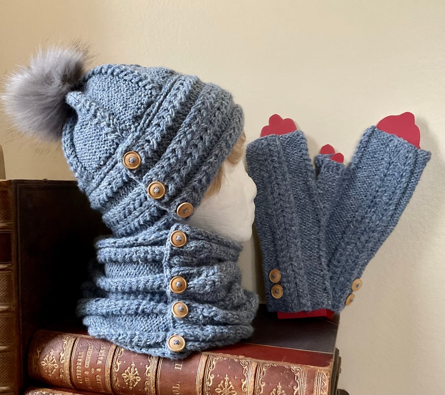 Hand knitted hat, scarf (cowl) and fingerless mitten set in denim style yarn.