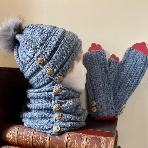 Hand knitted hat, scarf (cowl) and fingerless mitten set in denim style yarn.