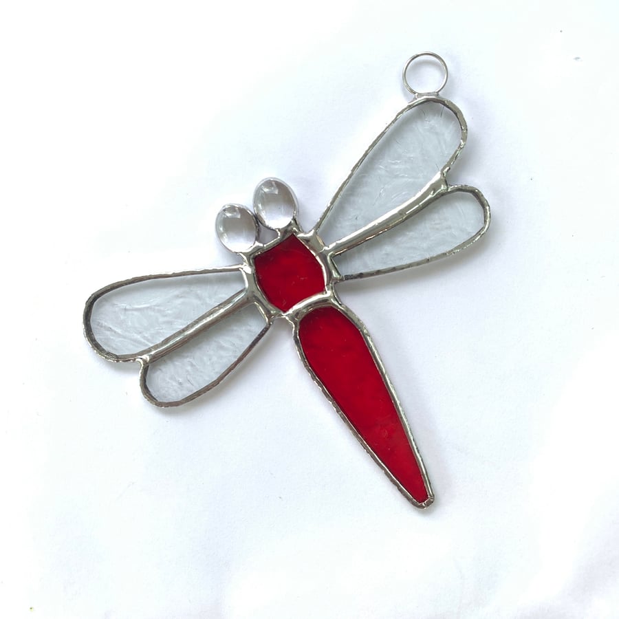 Stained Glass Small Dragonfly Suncatcher - Handmade Decoration - Red