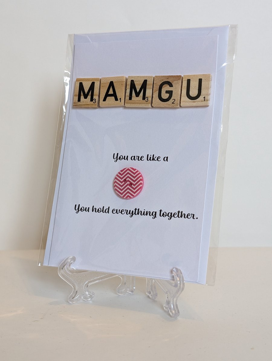 Mamgu You're like a button Scrabble greetings card Welsh