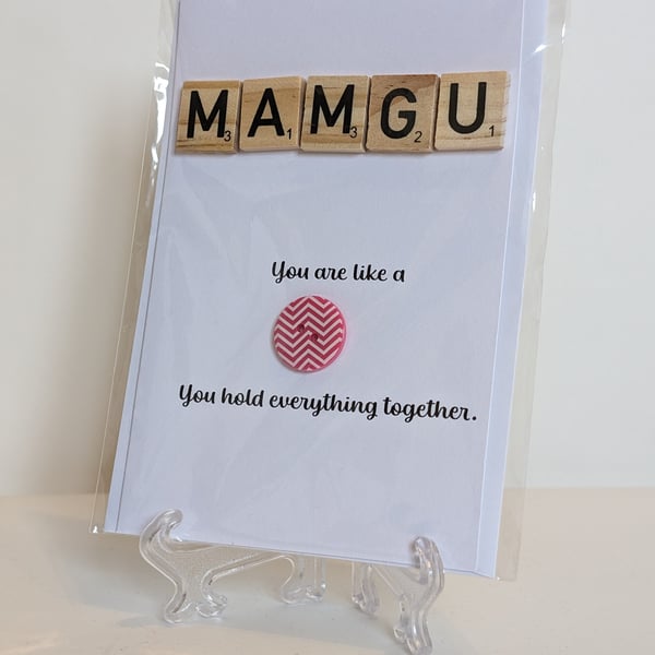 Mamgu You're like a button Scrabble greetings card Welsh