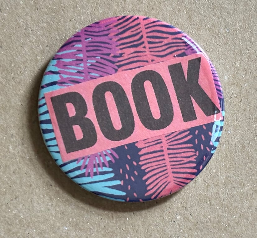 Collage pin badge - vintage book images & text - book