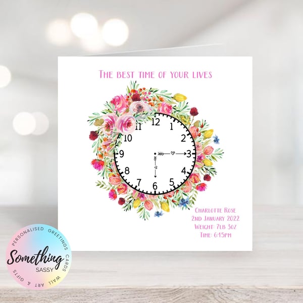 Watercolour Clock Time of Arrival design - Personalised New Baby Girl Card