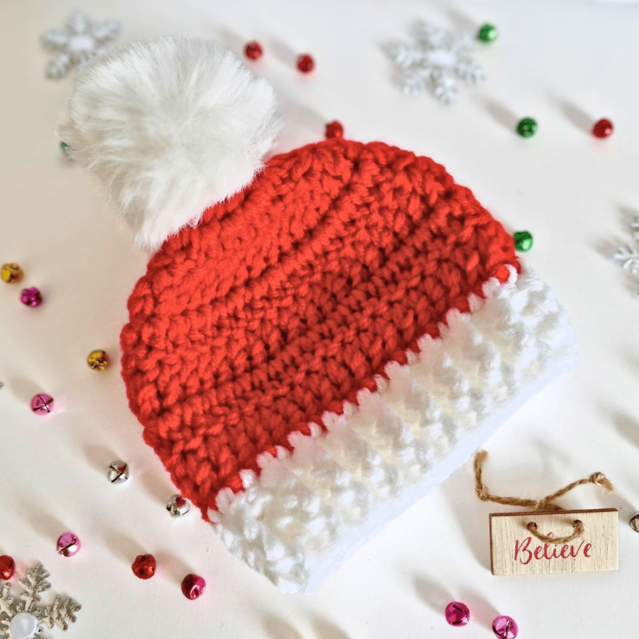 Crochet Baby Christmas Hat with Pom Pom – Red and White Newborn to 6 Months