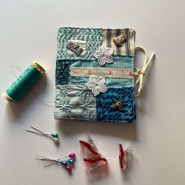 Blue & White Scrap Fabric Hand Stitched Needle Case.