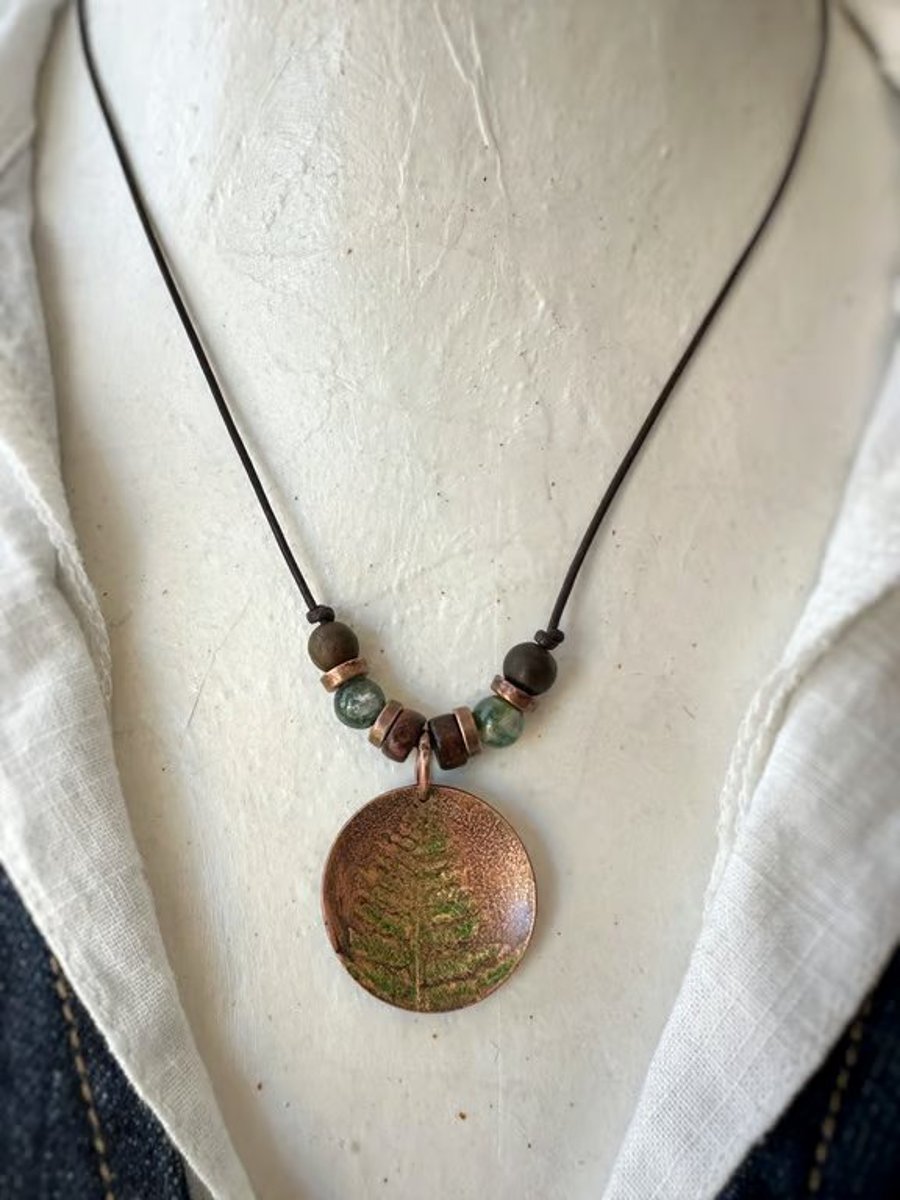 Copper Fern Pendant Etched and Coloured