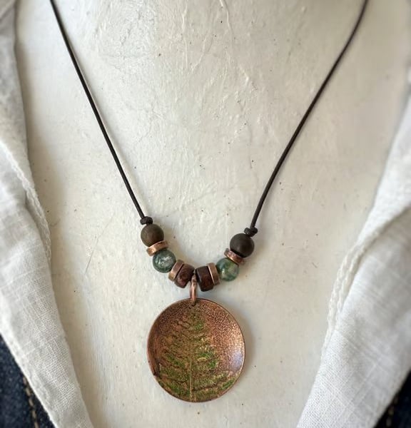 Copper Fern Pendant Etched and Coloured