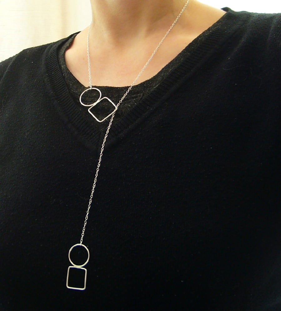 Double circle & square lariat necklace