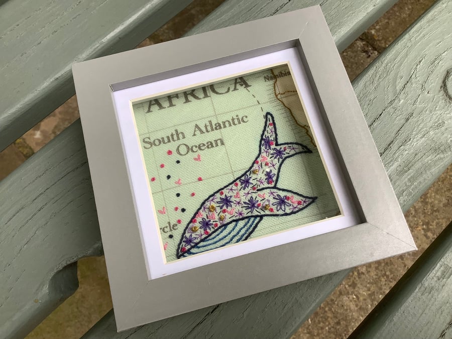 Hand Embroidered Humpback Whale Framed Picture