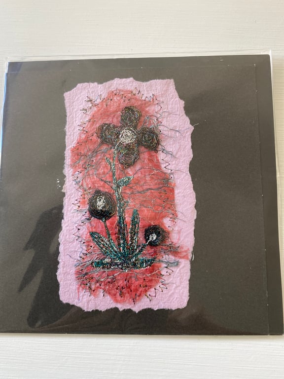 Black card with handmade paper: Abstract machine embroidery. Blank inside.